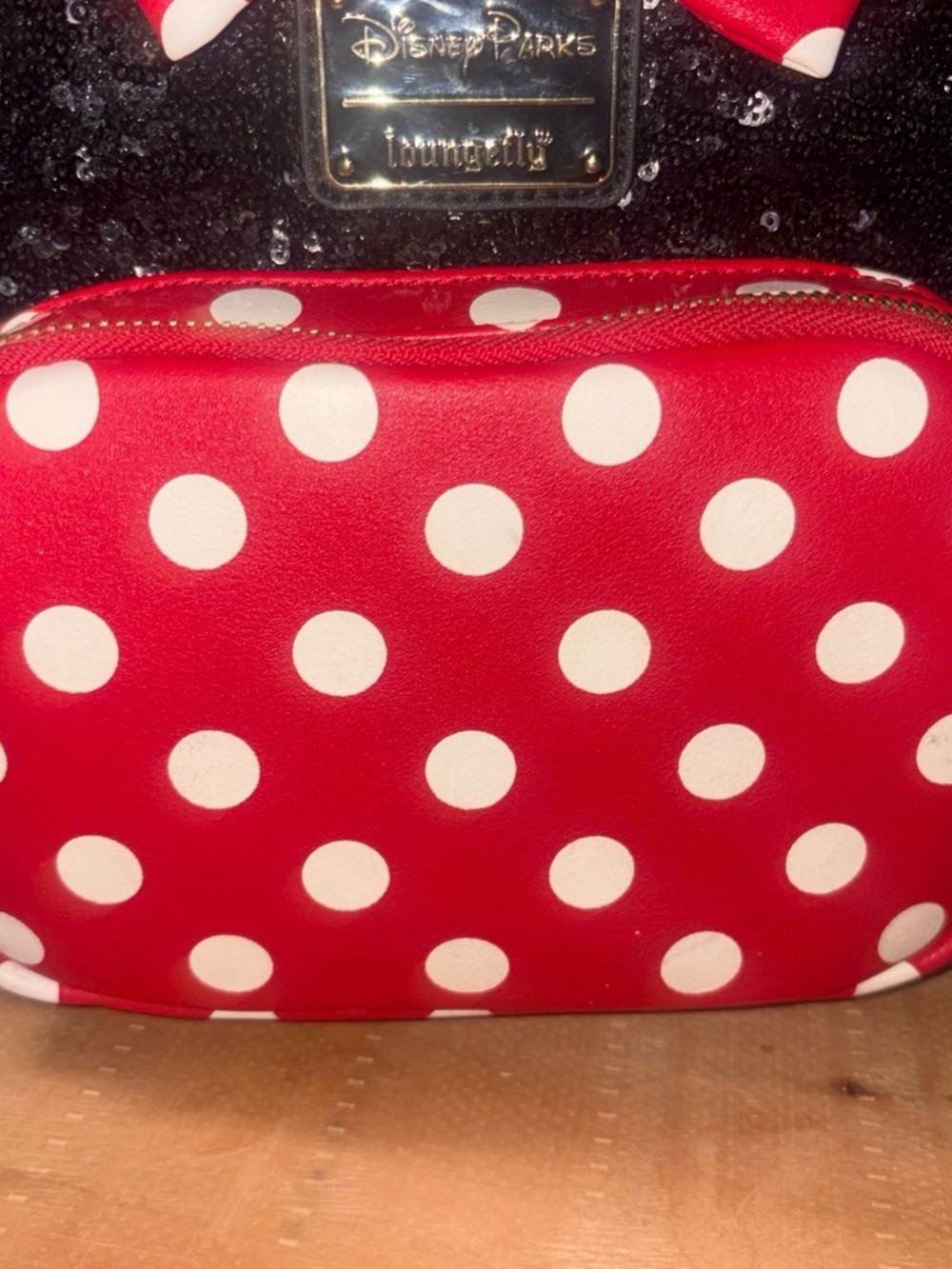 Loungefly Red White Polka Dot Minnie Mouse Sequin Ear Backpack - Picture 3 of 7